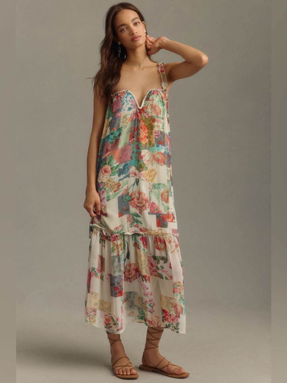 NEW Anthropologie Chiffon Shift Midi Dress Tiered Ruffle Floral XL Petite NWT